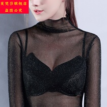 Autumn 2019 new womens T-shirt Korean lace shirt long sleeve mesh top size womens semi-high collar base