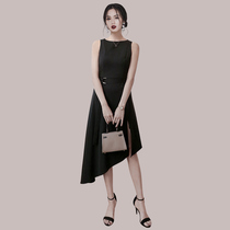 Thai Tide brand retro Hepburn style celebrities temperament dress black high waist irregular long skirt niche dress women