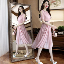 Chiffon dress womens summer 2020 new popular waist thin temperament socialite light cooked pleated pink skirt