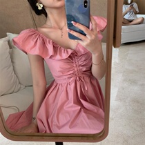 Sweet and beautiful lotus leaf edge pink V neckline dress woman summer 2021 new draw rope to collect waist display slim small sub-a-character skirt