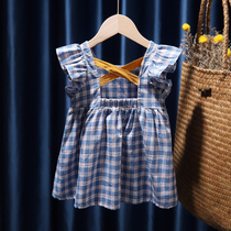 Girls dress 2022 Summer New products Children flying sleeves dolls back cross plaid dress skirts
