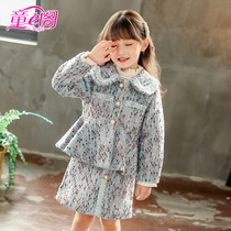 Girls floral tweed coat temperament style autumn and winter single-breasted tops princess style childrens wool coat fashion