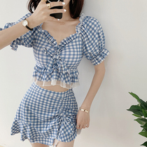 Hot spring swimsuit female Conservative Korean ins split skirt swimsuit 2021 new small breasts gather thin belly