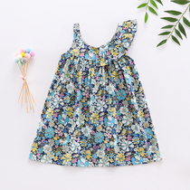 Childrens blue lotus leaf slip-back suspender skirt girls middle-aged childrens pastoral floral vest dress sweet summer skirt Western style