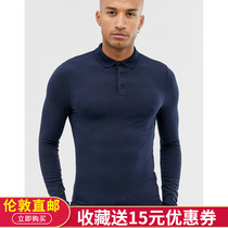 R British direct mail new navy blue muscle men highlight body temperament slim long-sleeved Polo shirt fashion