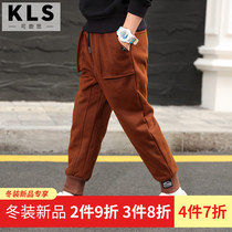 Childrens clothing boys winter clothing woolen sports pants plus velvet childrens casual wide warm feet trousers Korean version of foreign air pants