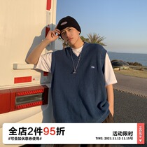 OFFBORD spring and autumn V-neck knitted vest male loose Japanese boys waistcoat shoulder worn vest horse clip