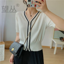 Black and white V-neck double zipper short sleeve ice silk knitted cardigan womens summer thin slim niche design top T-shirt