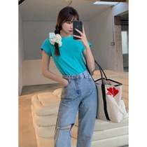 2021 Summer New Pure Color Round Collar Loose short base short sleeve T-shirt female Korean version Ins surge blouse