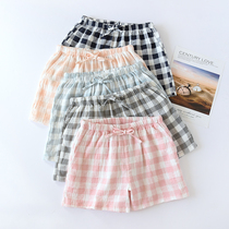 Japanese water washing cotton plaid pajama pants womens summer shorts thin three-piece pants crepe simple home pants cotton wear