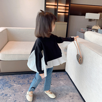 Girls Sweatshirt 2021 Autumn Clothes Korean Childrens Baby Spring and Autumn Irregular Splicing Loose Bat Shirt Kids Top