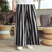 Summer mens linen wide leg pants special wide culottes literary and fresh cotton beach pants elastic waist Bell pants fat man
