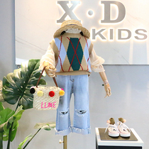 Korean childrens clothing 2019 new womens clothing Japanese Korean series diamond-shaped color color wide knitted vest knitted vest
