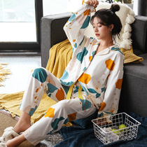  Famous husband pajamas womens long-sleeved pure cotton spring and autumn and winter womens large size home clothes autumn cotton autumn two-piece suit