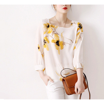 Japanese womens summer new square collar sunflower print small loose silk lantern sleeve blouse women