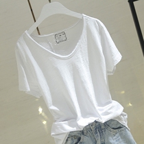 South Korea white short-sleeved summer 2021 new womens Korean version of the t-shirt v-neck slub cotton loose thin half-sleeve top