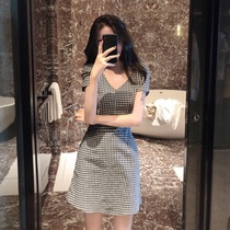 Summer dress new retro chic plaid Super fairy dress girl sukol thin V collar waist temperament skirt women