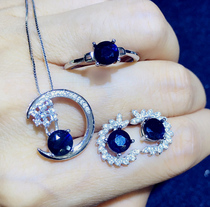 3 pieces of suit Shandong Sapphire 925 Silver Plated Platinum Black Natural Sapphire Ring Necklace ear nail shopping