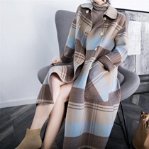Plaid wool coat women's long 2021 winter new knee double-breasted large pocket loose coat coat