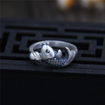 Silver Qi silver jewelry S999 foot silver carp Lotus womens ring sterling silver retro style year after year opening ring