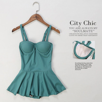 Swimsuit womens skirt-style one-piece cover belly thin conservative student steel support small chest gather flat corner hot spring resort swimsuit