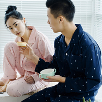 Spring and summer cotton double gauze short-sleeved home wear suit cotton couple men and womens long-sleeved air-conditioned room pajamas thin