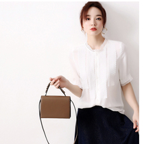 Japanese womens summer new French micro fairy lace edge embellished small collar shirt blouse women