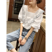 White Bubble Sleeve Women's Chiffon Shirt Lotus Leaf Clavicle Square Collar Top Early Fall 2022 New European Stations