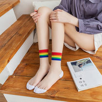 Summer ultra-thin glass stockings womens tube socks Rainbow strip two bars Korean version of the college Feng Shui crystal silk Kass stockings