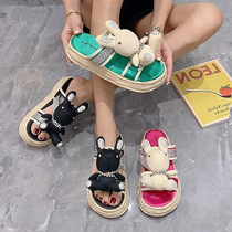 Korean casual fashion rhinestone bunny dissolving shoes 2021 summer new color-color pine cake bottom open toe cool tide tide