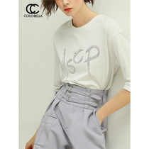 COCOBELLA SYMPHONY SEQUIN LETTERS embroidery T-shirt WOMEN LOOSE WHITE ROUND NECK LONG SLEEVE TOP TE829