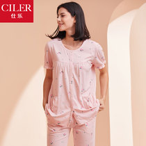 Ms. Shile cotton home clothes two-piece summer thin breathable short-sleeved Capri pants cotton pajamas can be worn outside