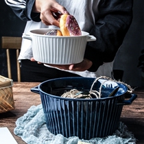 Double-eared soup bowl with cover matte blue soup bowl home large student Bowl Nordic wind anti-hot flat bowl