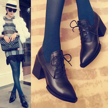 Black small leather shoes womens British style 2021 autumn and winter new pointed lace-up high heels leather temperament thick heel shoes