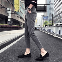 Mens casual pants summer new gray plaid nine-point stretch pants youth slim non-iron striped trousers