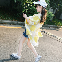 Korean girl thin shirt jacket 2022 new style foreign casual plaid shirt summer big childrens sun protection clothing