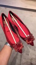 roger vivier domestic spot spring shallow mouth pointed red flower drill flat bottom satin shoes