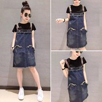 Korean fashion plus size womens clothing fat mm spring and summer new style suspender skirt Western style suit Korean version of the denim skirt two-piece set