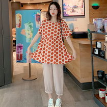 Pregnant woman suit out of fashion models 2022 new summer casual short sleeve snowspun blouses blouse pants two-piece set