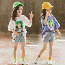 Girls summer denim shorts set 2021 new foreign-style childrens short sleeve two-piece Korean girl