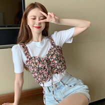  2021 new summer Korean white simple short-sleeved T-shirt sweet floral small suspender two-piece top female