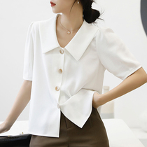 French square collar chiffon short sleeve white shirt female design sense niche new 2021 V-neck bubble sleeve shirt summer