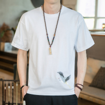 Chinese style round neck short sleeve T-shirt mens embroidery inner wearing body shirt loose lightweight undershirt Hanwear lining base shirt tide