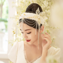  Bridal hair band wide bangs tassels Beautiful super fairy white hair with hair accessories Korean wedding dress accessories Wedding headdress