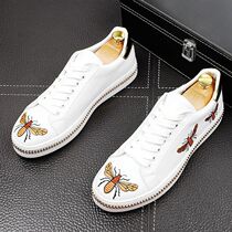 Little bee small white shoes male leather leather embroidery shoes male leisure and white inner orgasm shoes