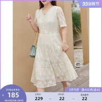 MSShe big code womens dress 2022 new summer dress micro-fat mm long dress lace V collar body A hem lace dress
