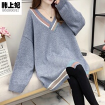 Big code V collar sweater womens spring winter loose irregularly lazy wind fat mm knit undershirt Korean tie head breaking hole