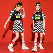 Female big child suit summer 2021 new foreign style childrens fried street Plaid tide dress girl navel hip hop tide suit