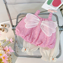 Girls clothing fashion suit foreign style net red summer baby clothes baby sling two-piece set wings childrens clothing tide