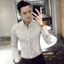 Summer striped shirt mens long-sleeved Korean slim fit trend handsome and versatile business British wind solid color base shirt